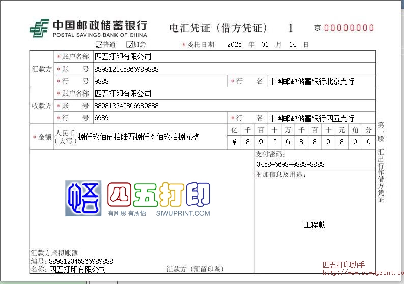 中国邮政储蓄银行电汇凭证（借方凭证）