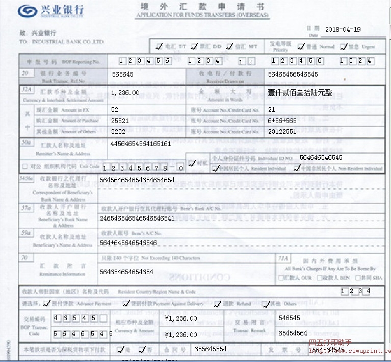 兴业银行境外汇款申请书